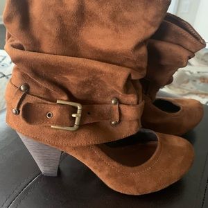 Faux suede bootie heels